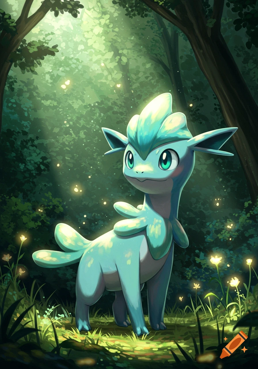 A cute, light blue, deer-like fantasy creature with large ears and leaf-like fins stands in a sun-dappled, glowing forest.