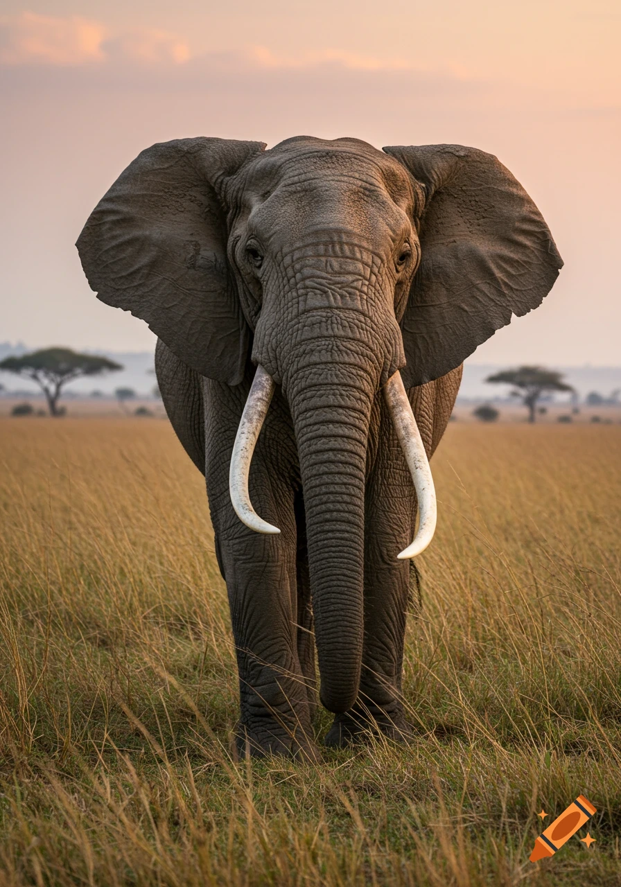 A majestic elephant with large tusks stands in tall, golden savanna grass at sunset.