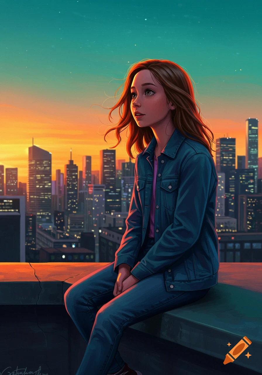 A teenage girl sits on a rooftop overlooking a city skyline at sunset in a digital art style.