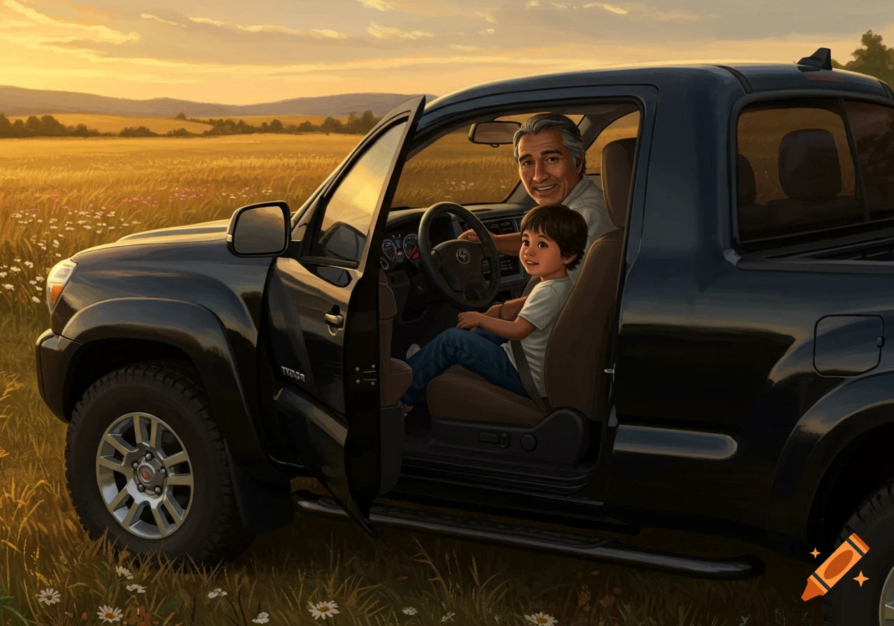 An illustration of a father and son smiling in a black pickup truck, parked in a golden field at sunset.