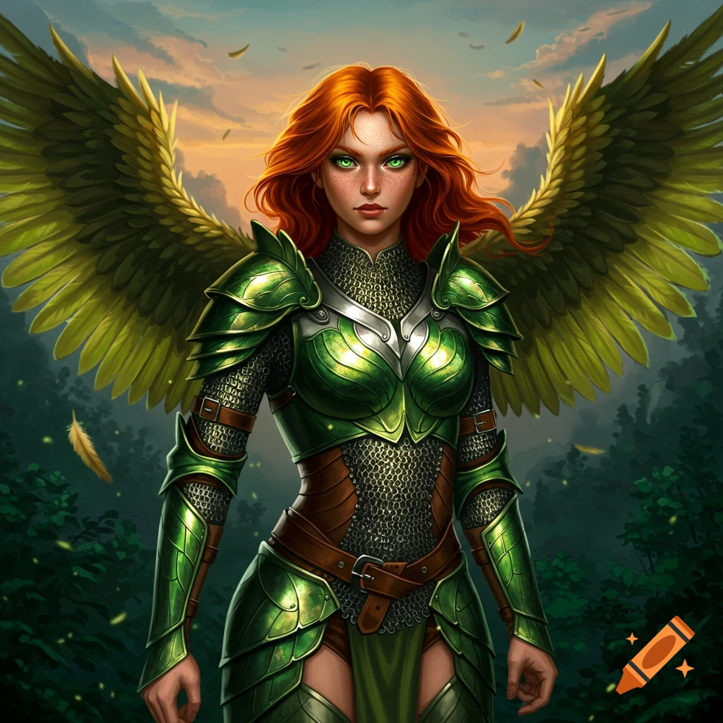 A red-haired female warrior with emerald eyes and large green feathered wings in ornate green and silver armor stands in a magical forest at sunset.