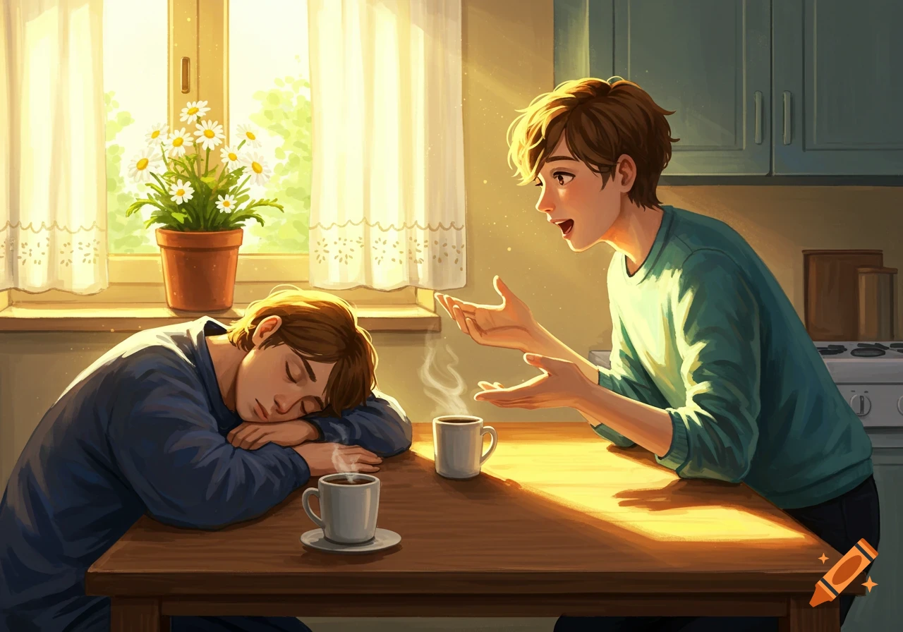 An illustration of two people at a kitchen table in warm light. One person sleeps on the table, another talks excitedly.