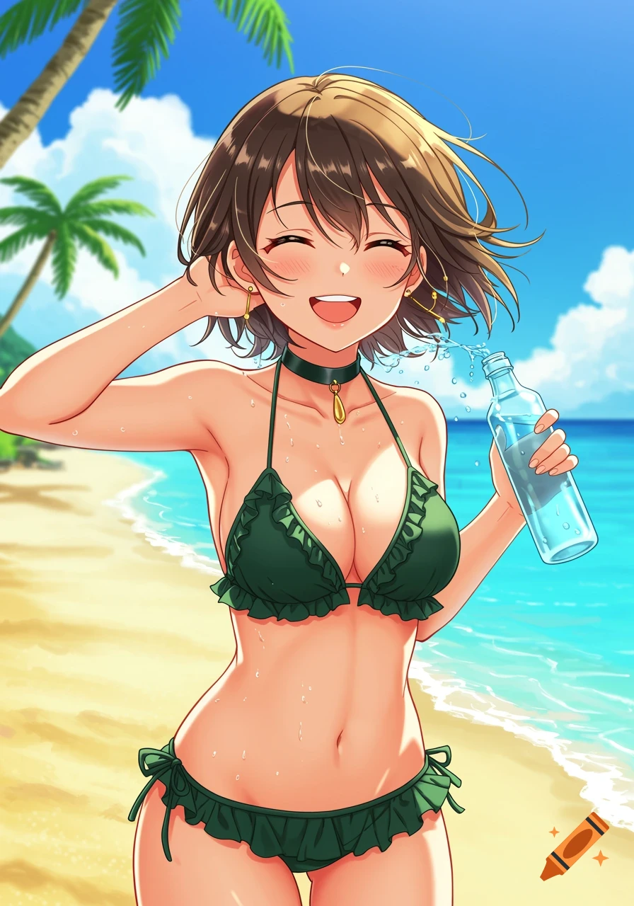 Cheerful anime woman in a dark green bikini on a tropical beach, pouring water from a bottle, bright and vibrant.