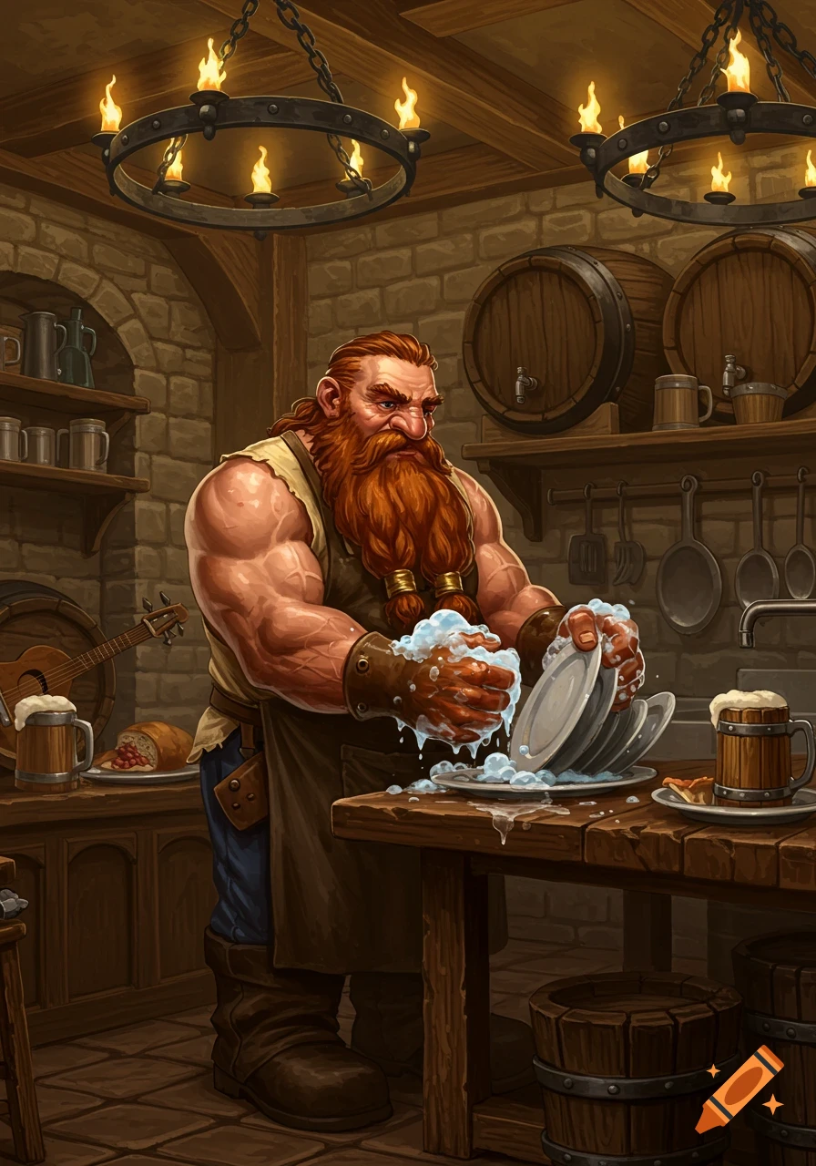 A fantasy illustration of a muscular, bearded dwarf washing dishes in a rustic tavern kitchen.