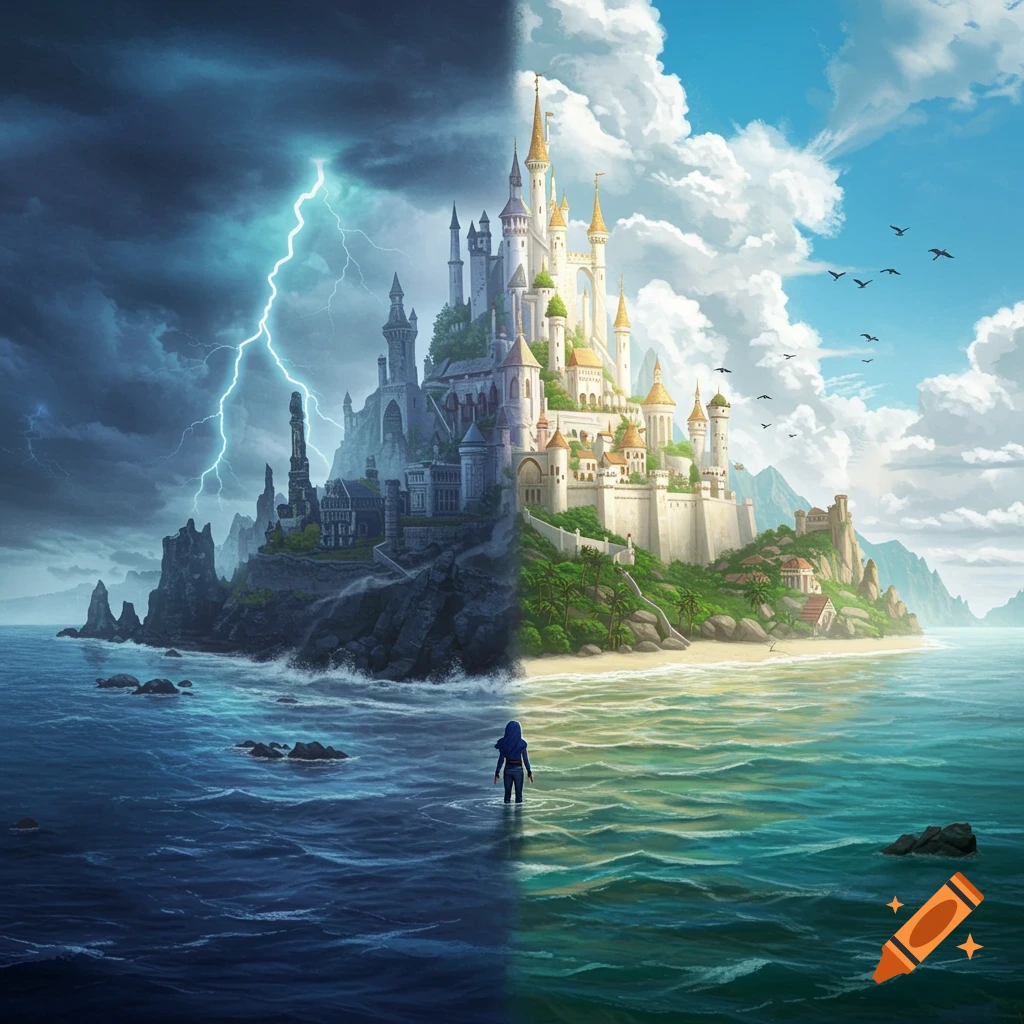 Digital painting of a person in water, caught between a stormy, dark gothic castle island and a bright, sunny white castle kingdom.