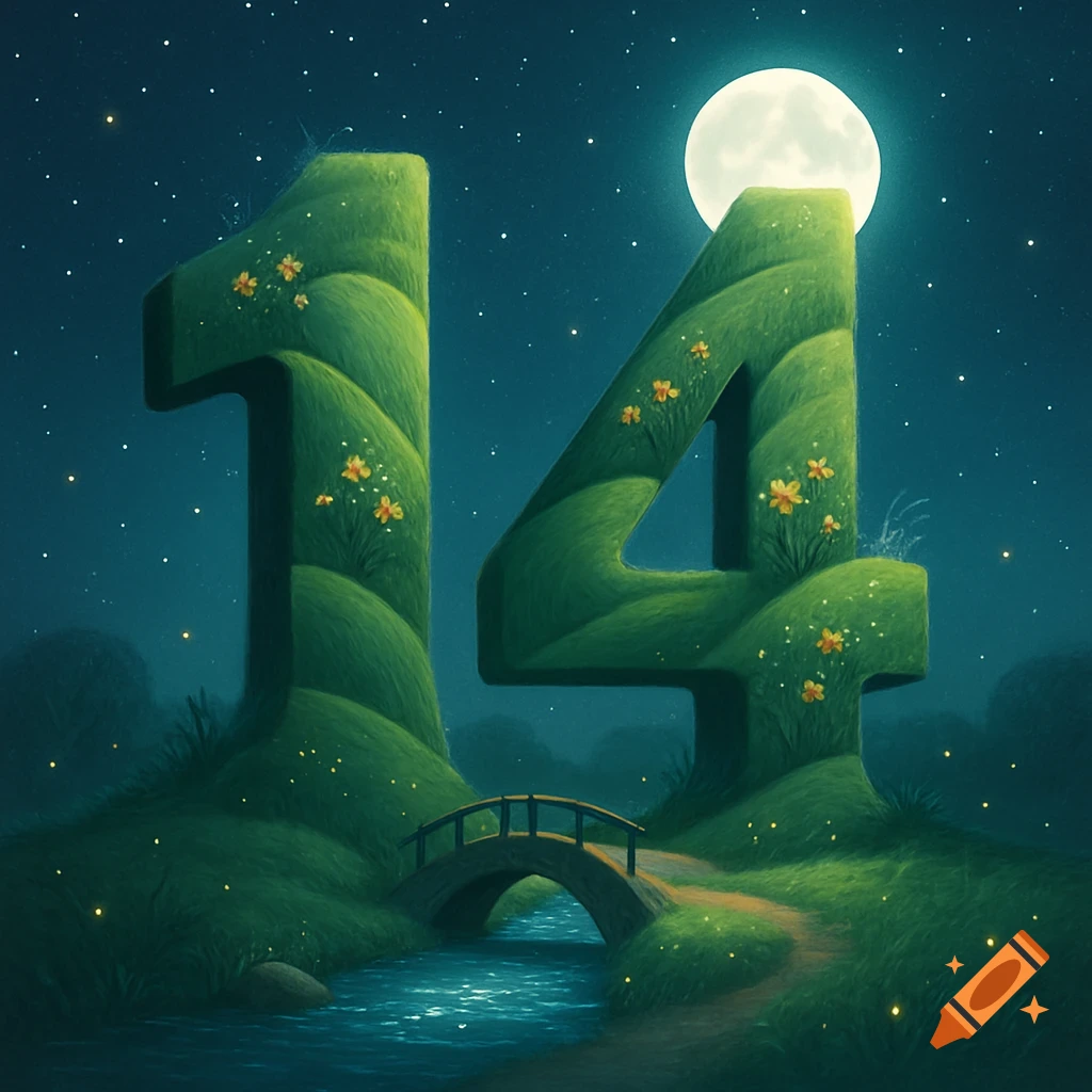 Lush green hills shaped like the numbers 1 and 4, set at night under a full moon and starry sky with a small bridge over a stream. Whimsical illustration.