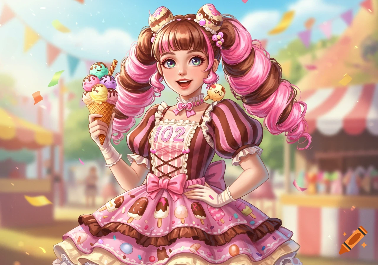 A cute anime girl with pink and brown pigtails in a candy-themed dress holds an ice cream cone at a fairground.