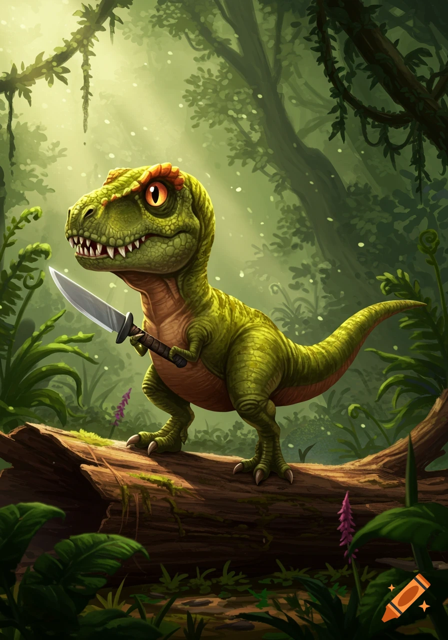 A cute green cartoon T-Rex holding a knife stands on a log in a lush, sun-dappled jungle.