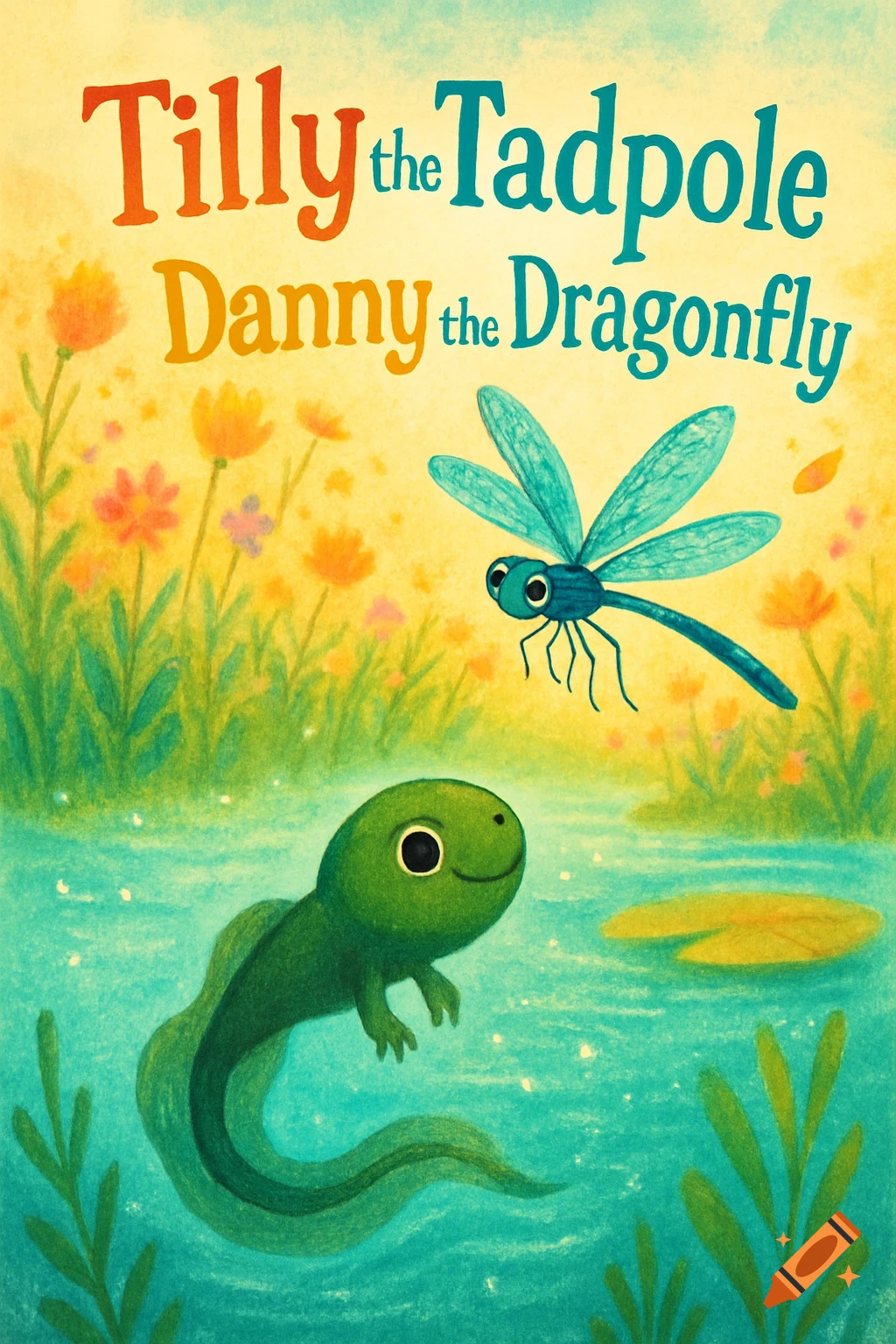 A colorful children's book cover illustration of a green tadpole in a pond and a blue dragonfly flying above, with the title 'Tilly the Tadpole Danny the Dragonfly'.