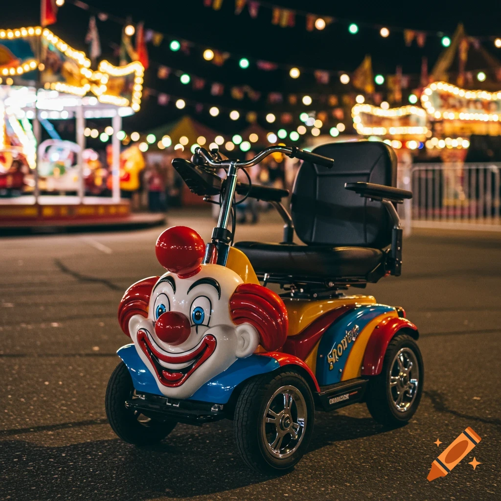 A colorful clown-faced electric mobility scooter sits on asphalt at a vibrant night carnival, with blurred lights and rides in the background.