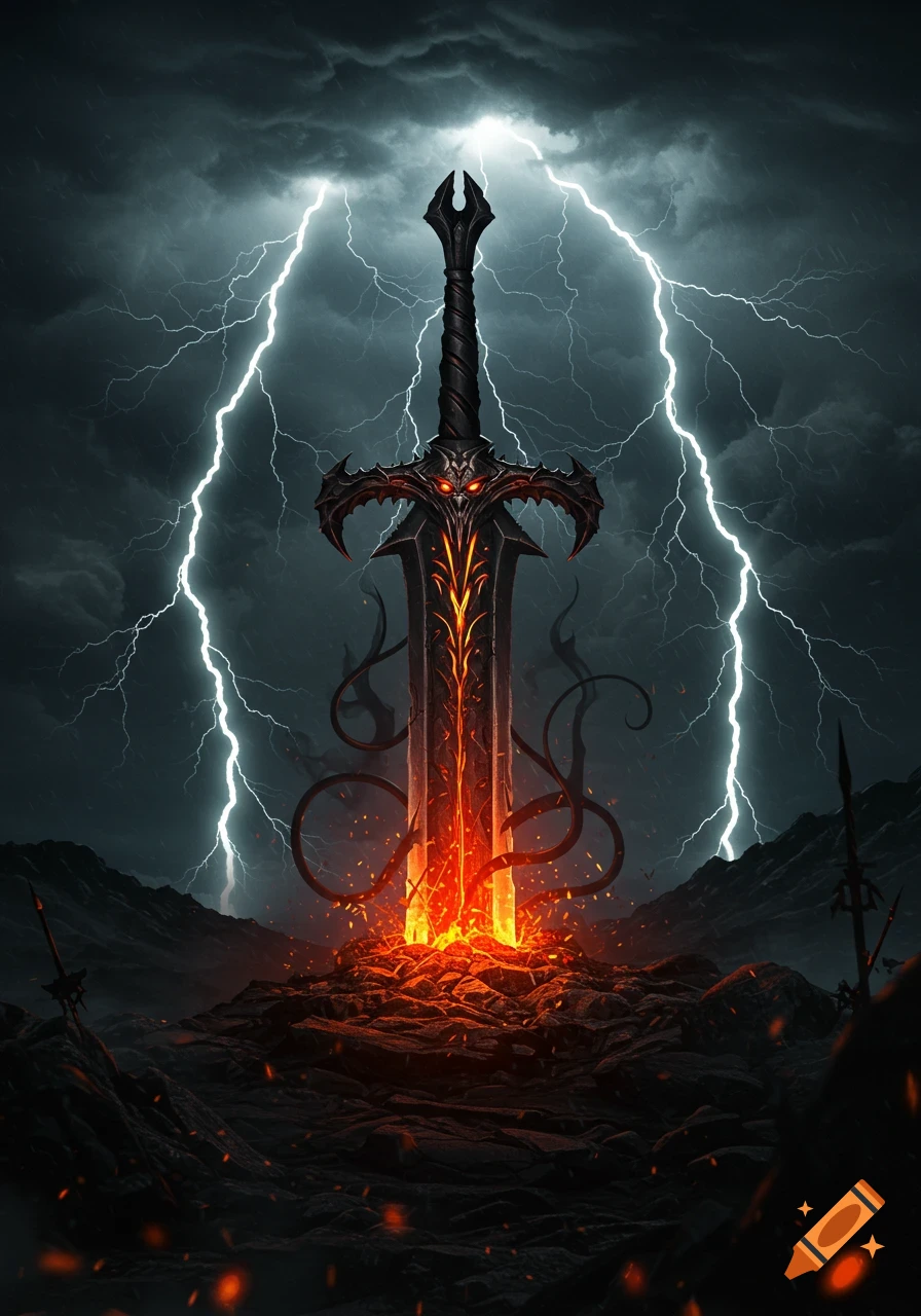 A menacing dark fantasy sword with glowing red eyes and fiery blades is impaled in rocky ground under a dramatic lightning storm.