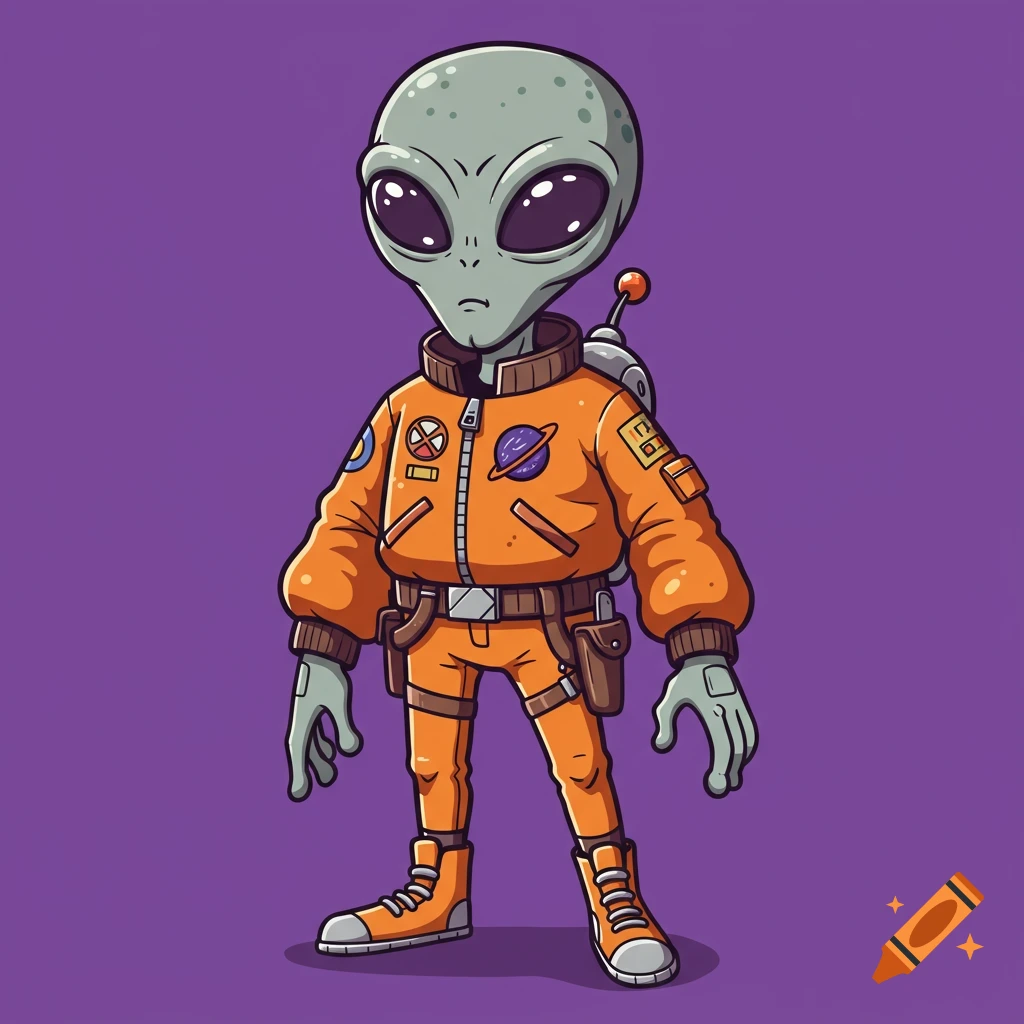 A full-body stylized cartoon alien character in an orange astronaut suit on a solid purple background.