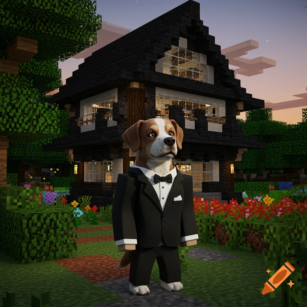 A dog in a tuxedo stands in a blocky Minecraft world with a large black house and colorful flowers.