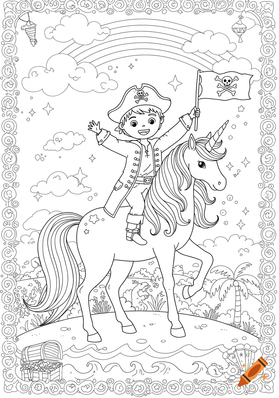 A black and white coloring book illustration of a young boy dressed as a pirate, riding a unicorn and holding a pirate flag, with a rainbow in the background.