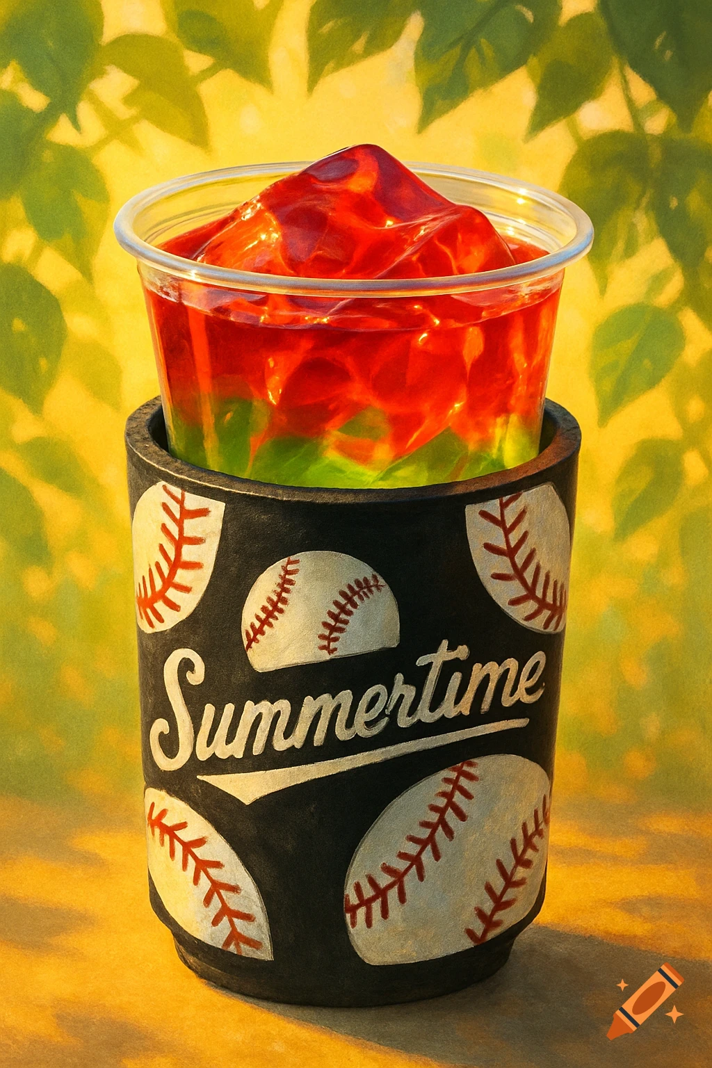 A red and green Jell-O shot in a baseball-themed koozie labeled 'Summertime' against a yellow leafy background.
