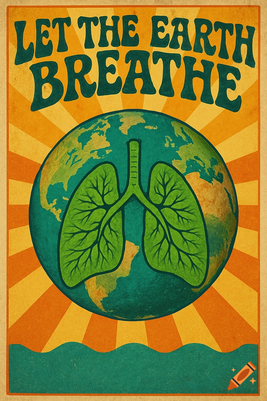 A retro-style poster featuring planet Earth with green lungs, surrounded by orange and yellow sun rays. Text reads 'Let the Earth Breathe'.