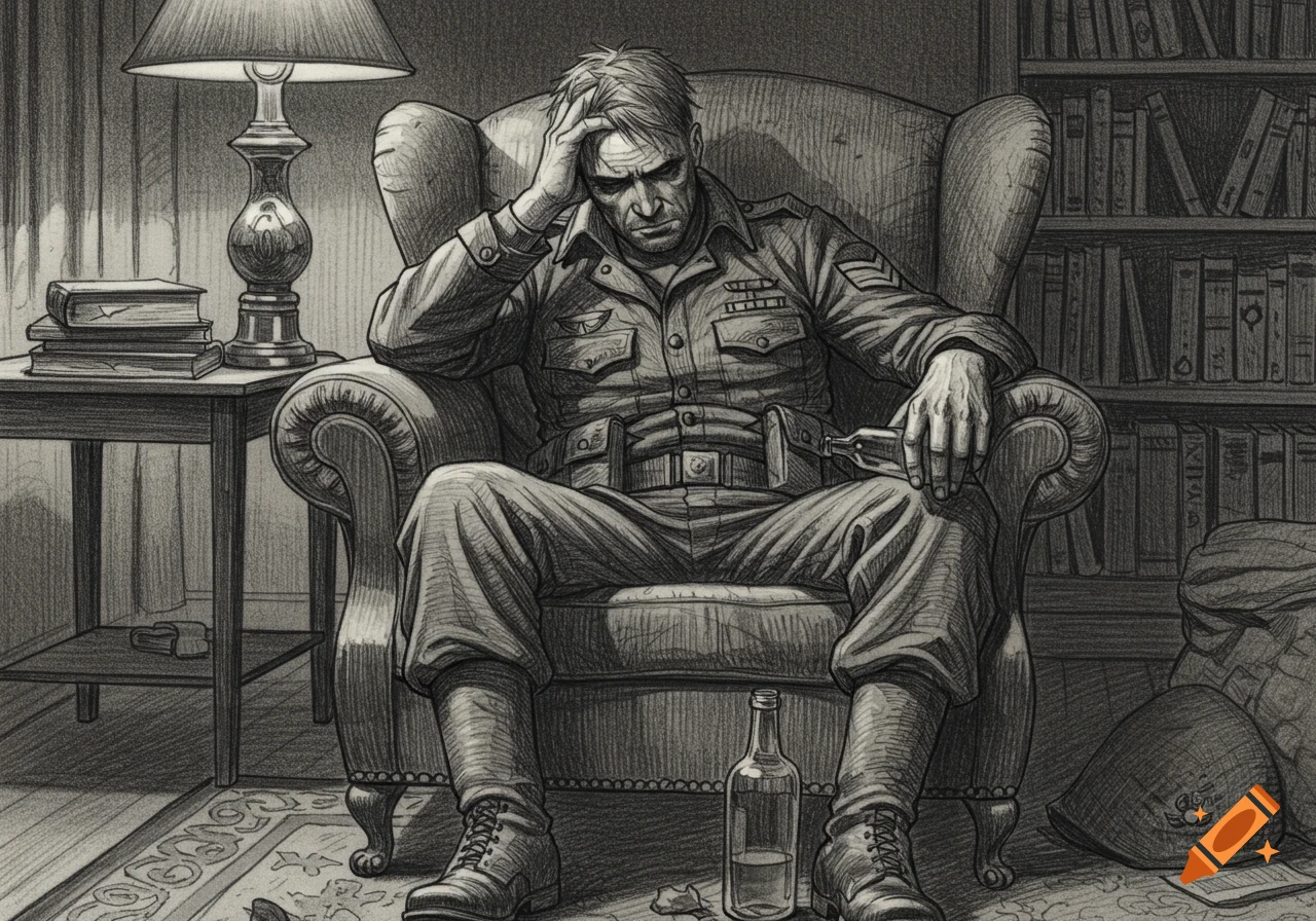 Pencil sketch of a distressed soldier in uniform, sitting in an armchair with a bottle, in a dimly lit room with a bookshelf.