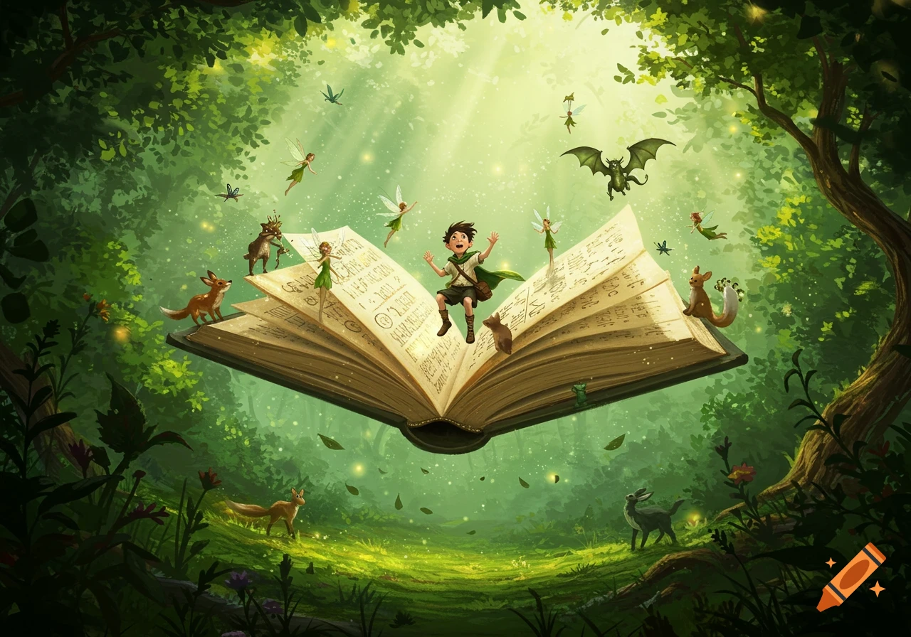 A boy leaps from a large open book floating in an enchanted forest with fairies, a fox, and a squirrel.