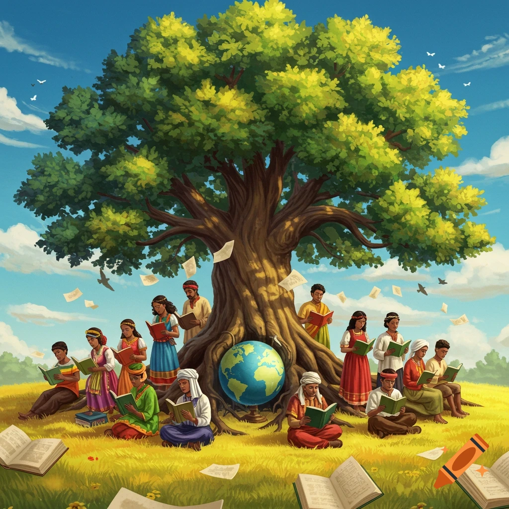 A large tree with a globe at its base, surrounded by a diverse group of people sitting and reading books in a grassy field with floating pages.