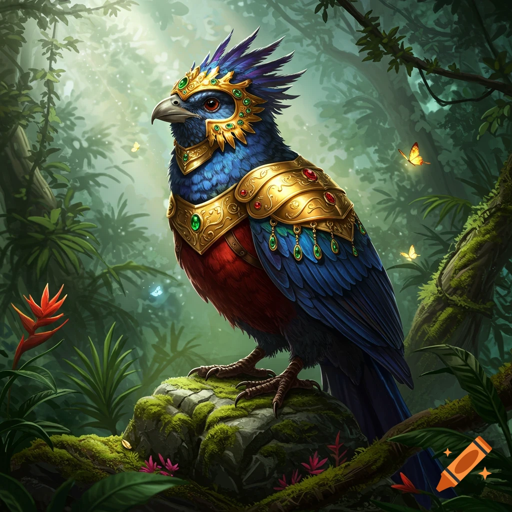 A vibrant, exotic bird adorned in golden, gem-studded armor, perched on a mossy rock in a lush, sunlit jungle.