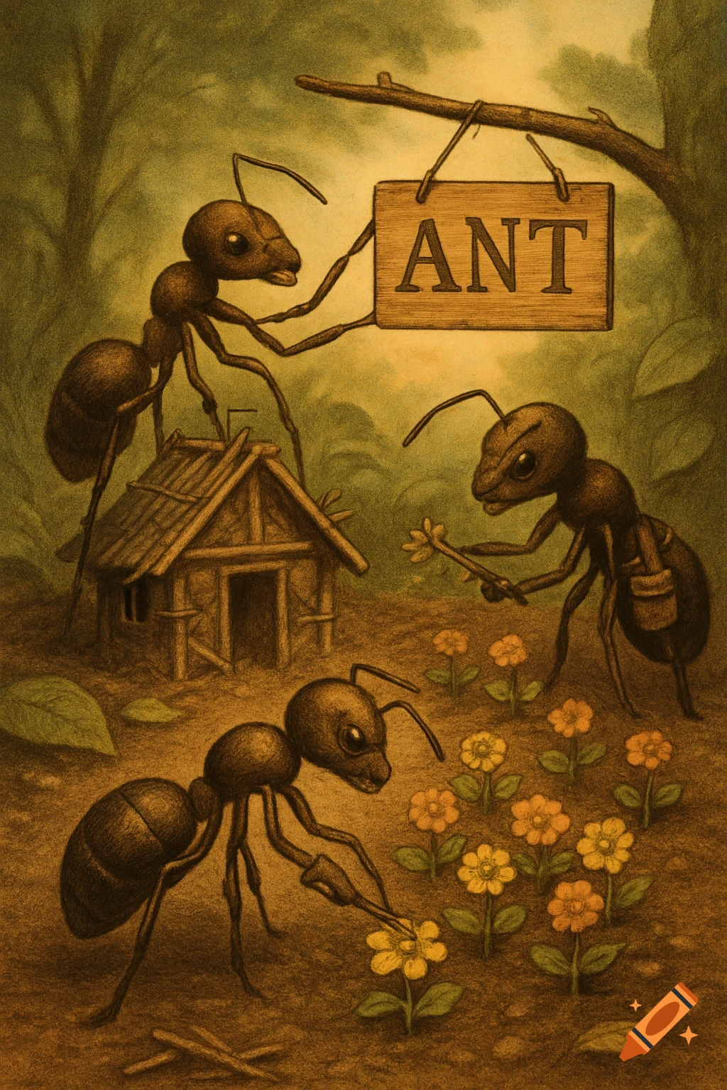 Three diligent ants work in a forest, one building a small wooden house, another tending to flowers, and a third hanging a sign that reads 'ANT'.