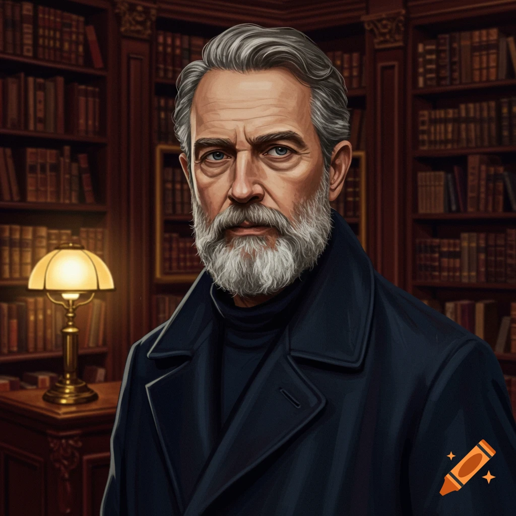 A portrait of a grey-haired, bearded man in a dark coat, standing in a library with bookshelves behind him.