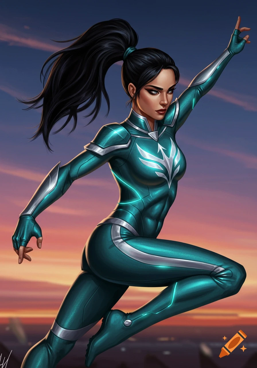 Female character with a high ponytail in a teal and silver superhero suit, against a sunset sky, in an illustrated style.