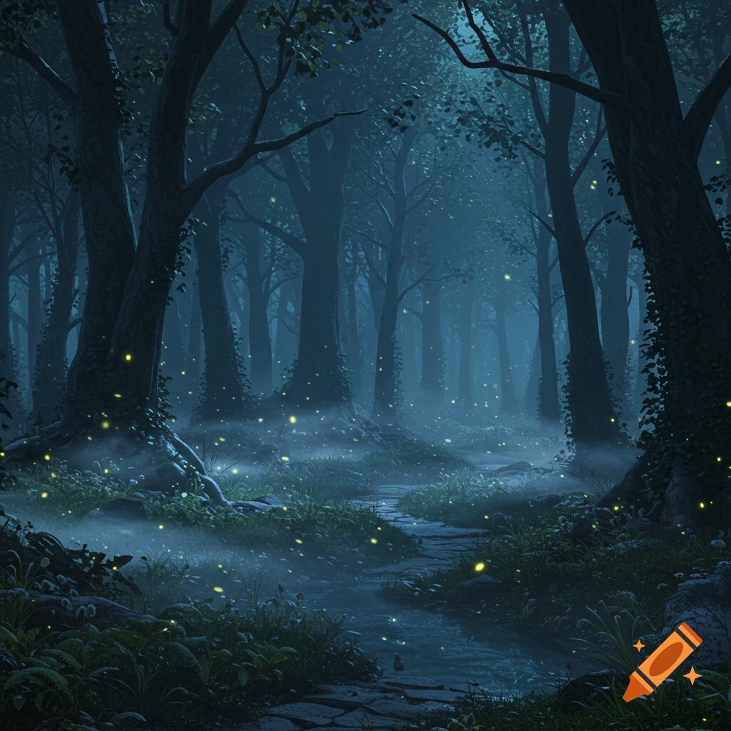 A mystical, dark forest path illuminated by glowing fireflies and mist.