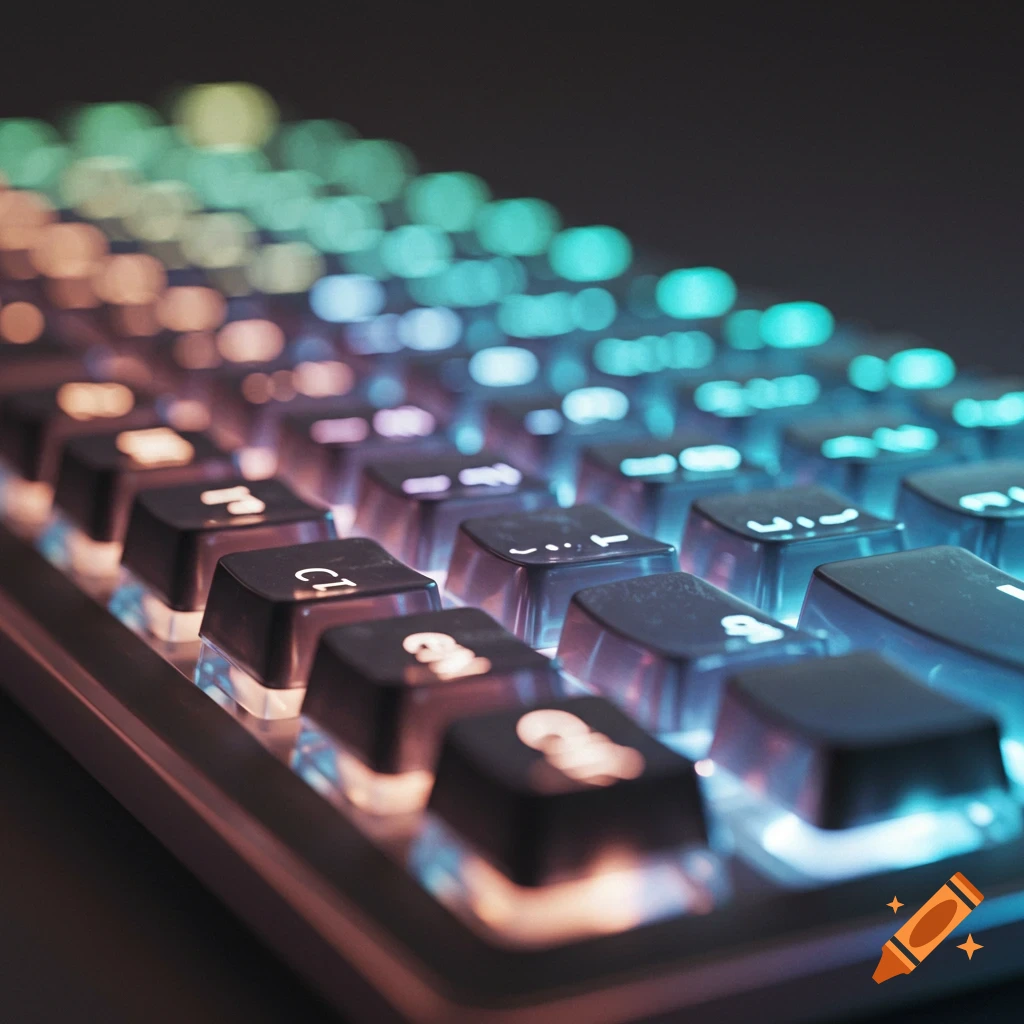 Close-up of a translucent keyboard with glowing orange and blue keys, creating a gradient of light.
