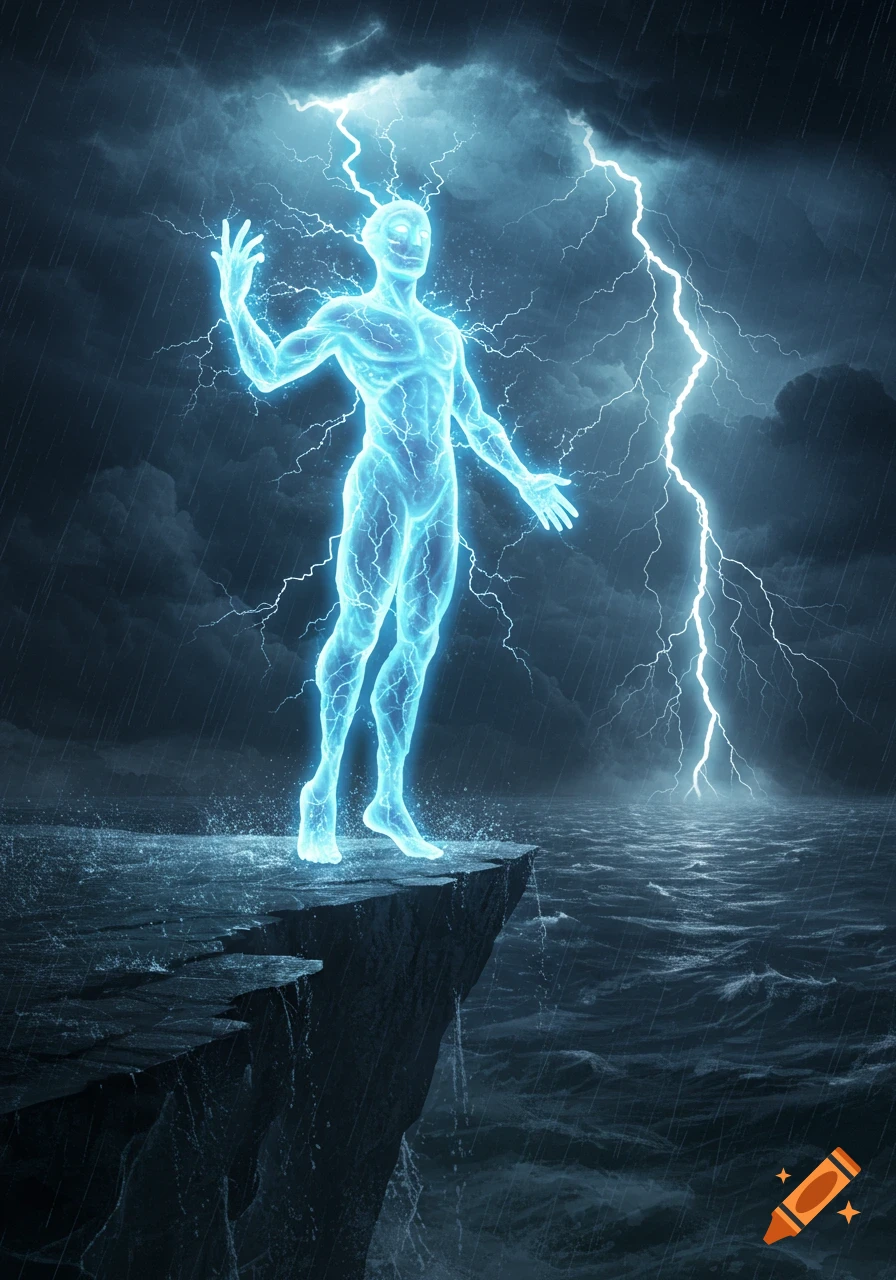 A glowing blue humanoid figure stands on a cliff summoning lightning during a stormy night over a dark, wavy ocean.