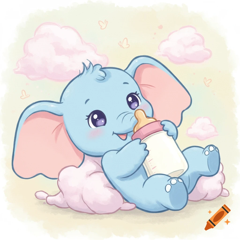 A cute 2D cartoon baby elephant lying on its back, holding a feeding bottle, surrounded by pink clouds.