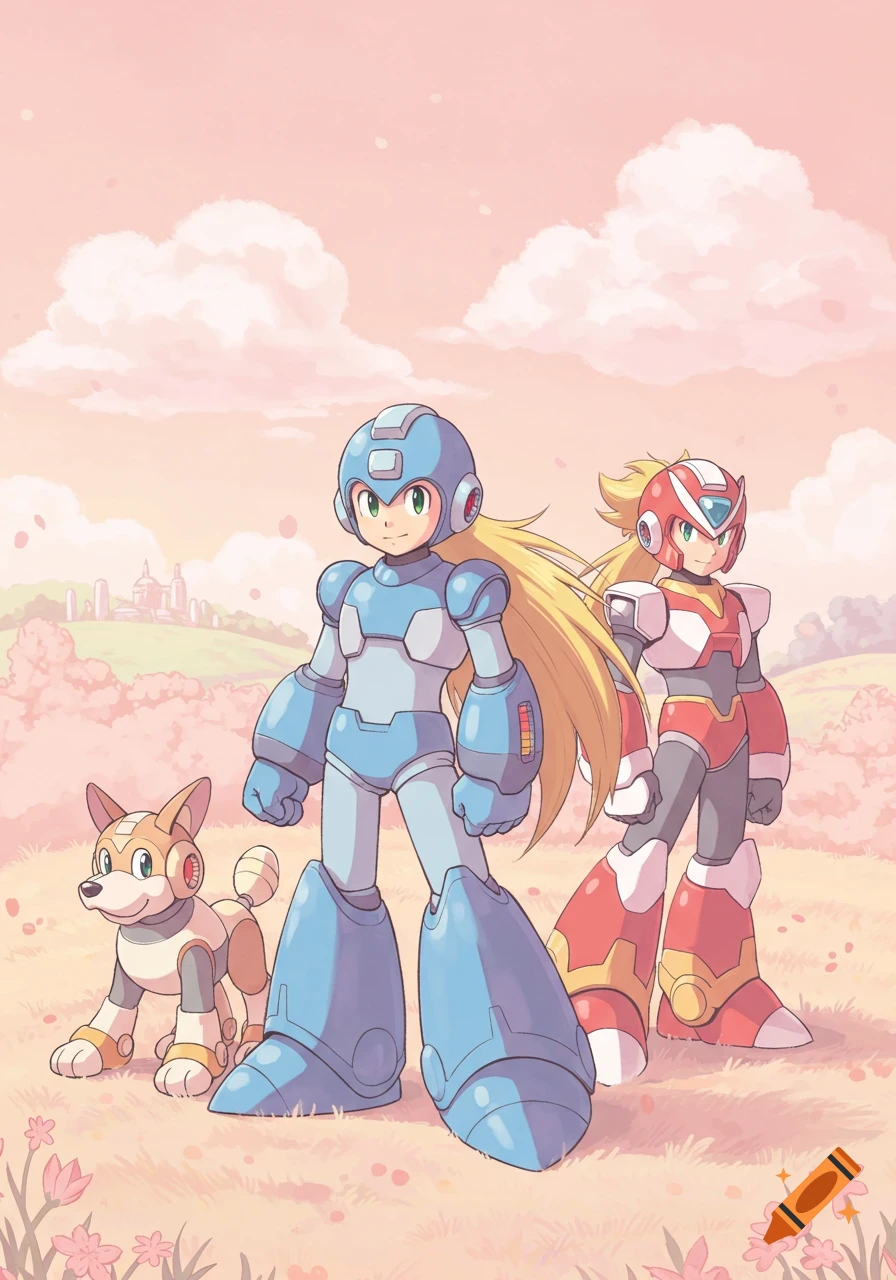 Pastel illustration of Mega Man, Zero, and Rush standing in a field under a pink sky with light clouds.