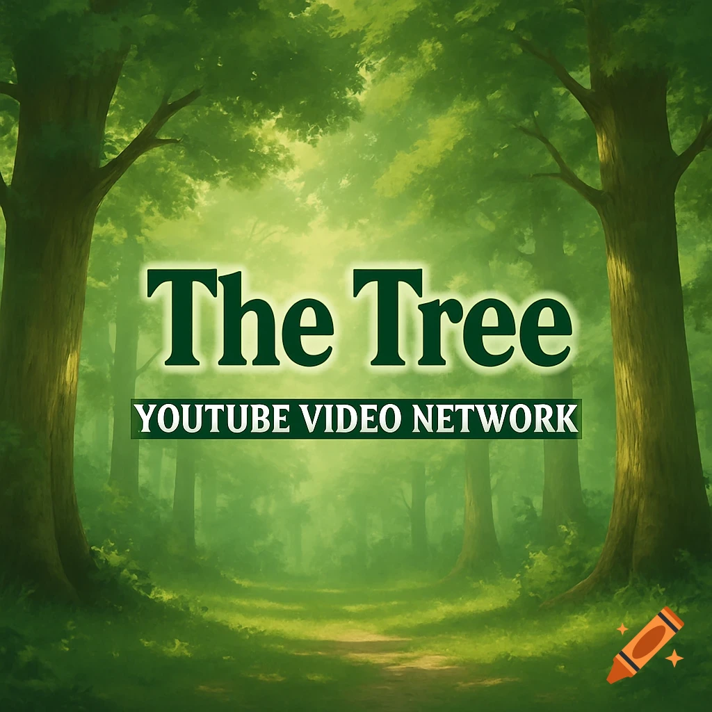Lush green forest scene with a path, featuring the text 'The Tree' above 'YOUTUBE VIDEO NETWORK' in a digital art style.