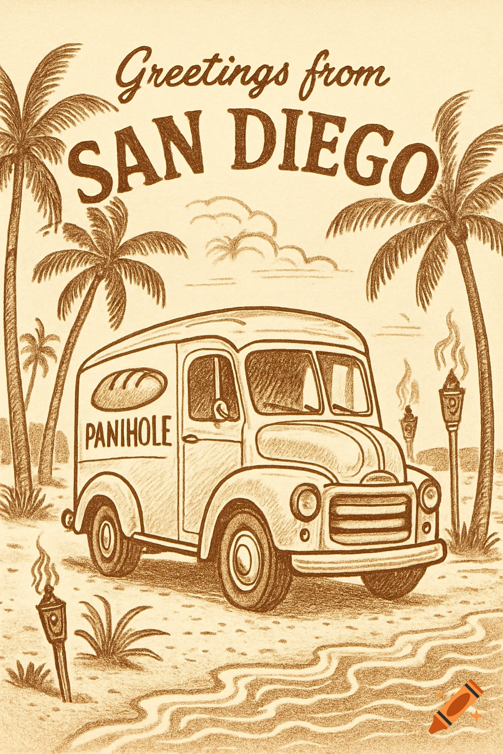 A vintage line drawing postcard illustration in brown tones shows a bubbly bread truck on a beach with palm trees and tiki torches, saying "Greetings from SAN DIEGO" and "PANIHOLE".