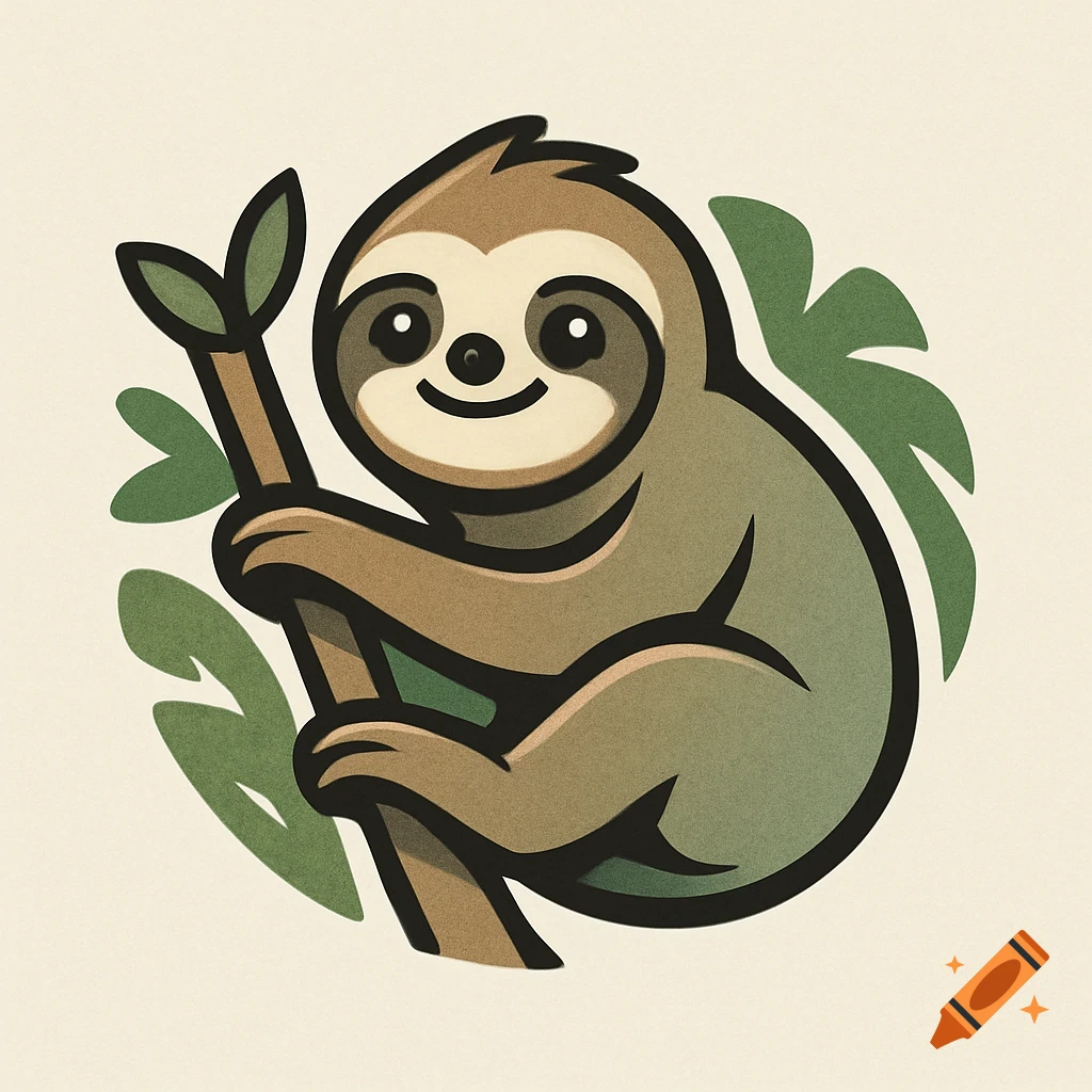 A cute, stylized cartoon sloth clinging to a tree branch with green leaves on a light background.
