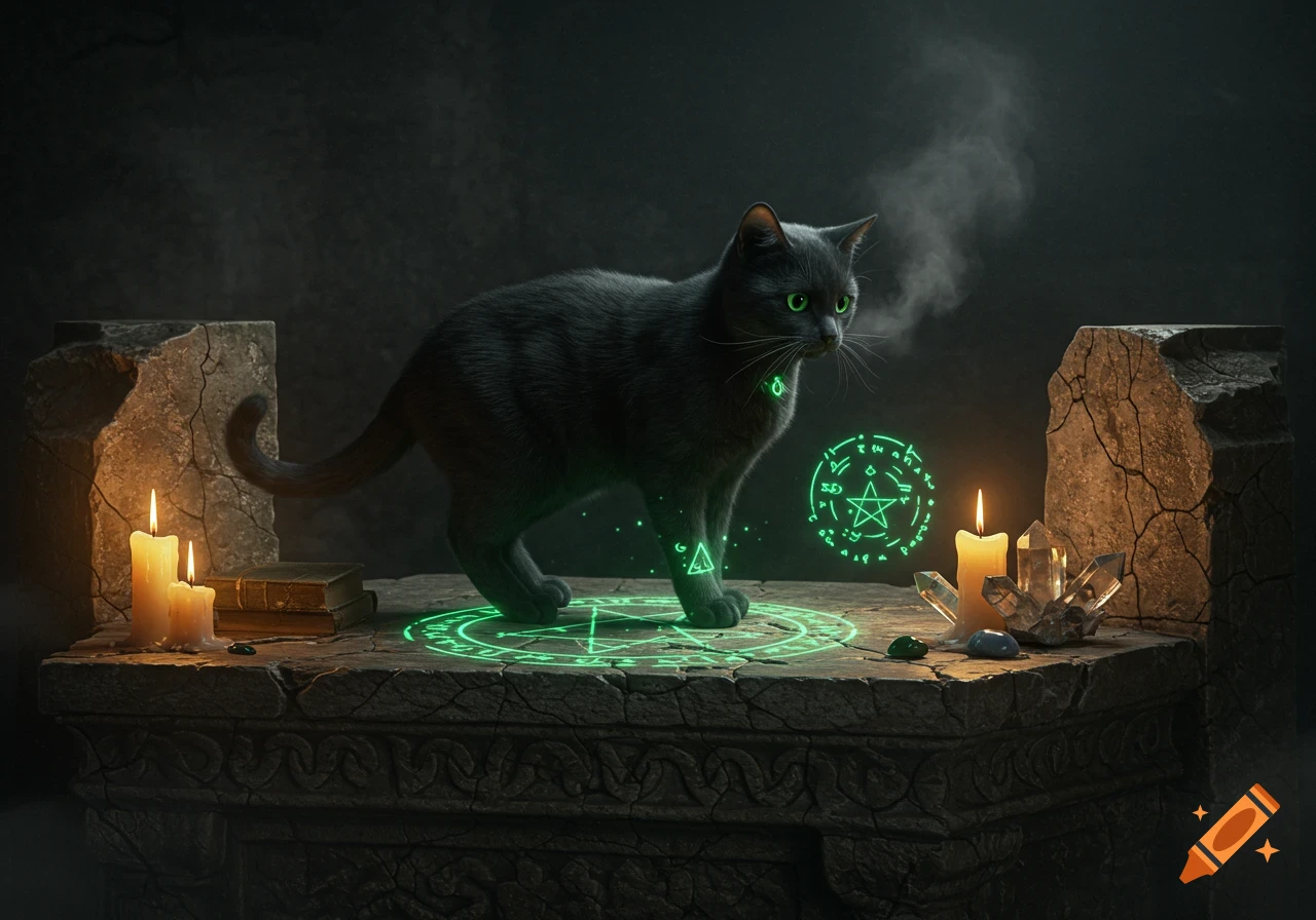 A photorealistic black cat with glowing green eyes and collar stands on a stone altar, surrounded by candles, crystals, and green magic symbols.