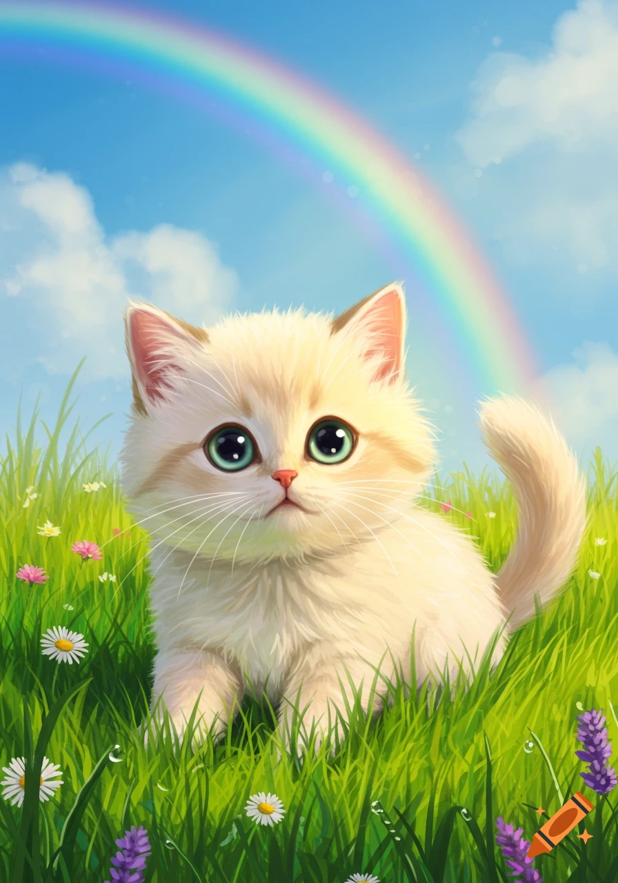 A cute fluffy kitten with large green eyes sits in a vibrant green grassy field with small colorful flowers under a bright blue sky with a rainbow.