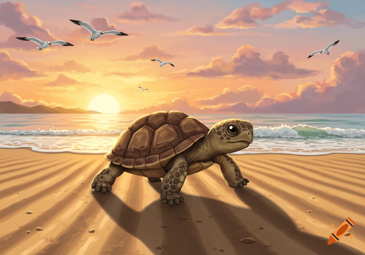 A cute turtle walks on a sandy beach towards the ocean at sunset with seagulls flying overhead.