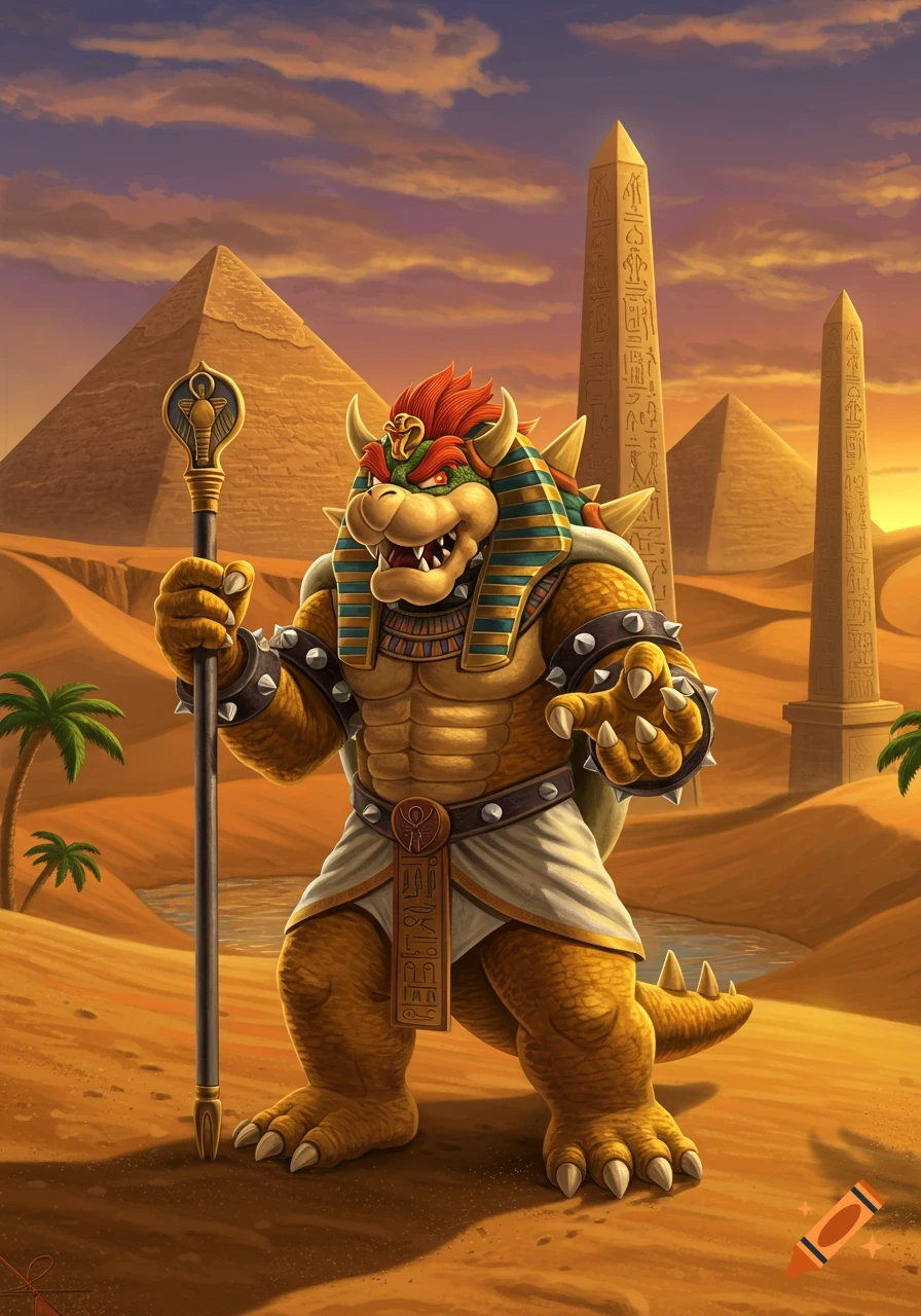 Bowser from Super Mario, dressed as a pharaoh, stands in an ancient Egyptian desert landscape with pyramids and obelisks at sunset.