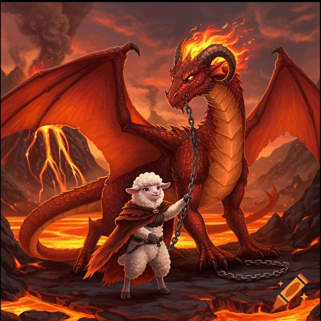 A small, fluffy white lamb in a red cloak holds a chain leash attached to a large, fiery red dragon in a volcanic landscape.