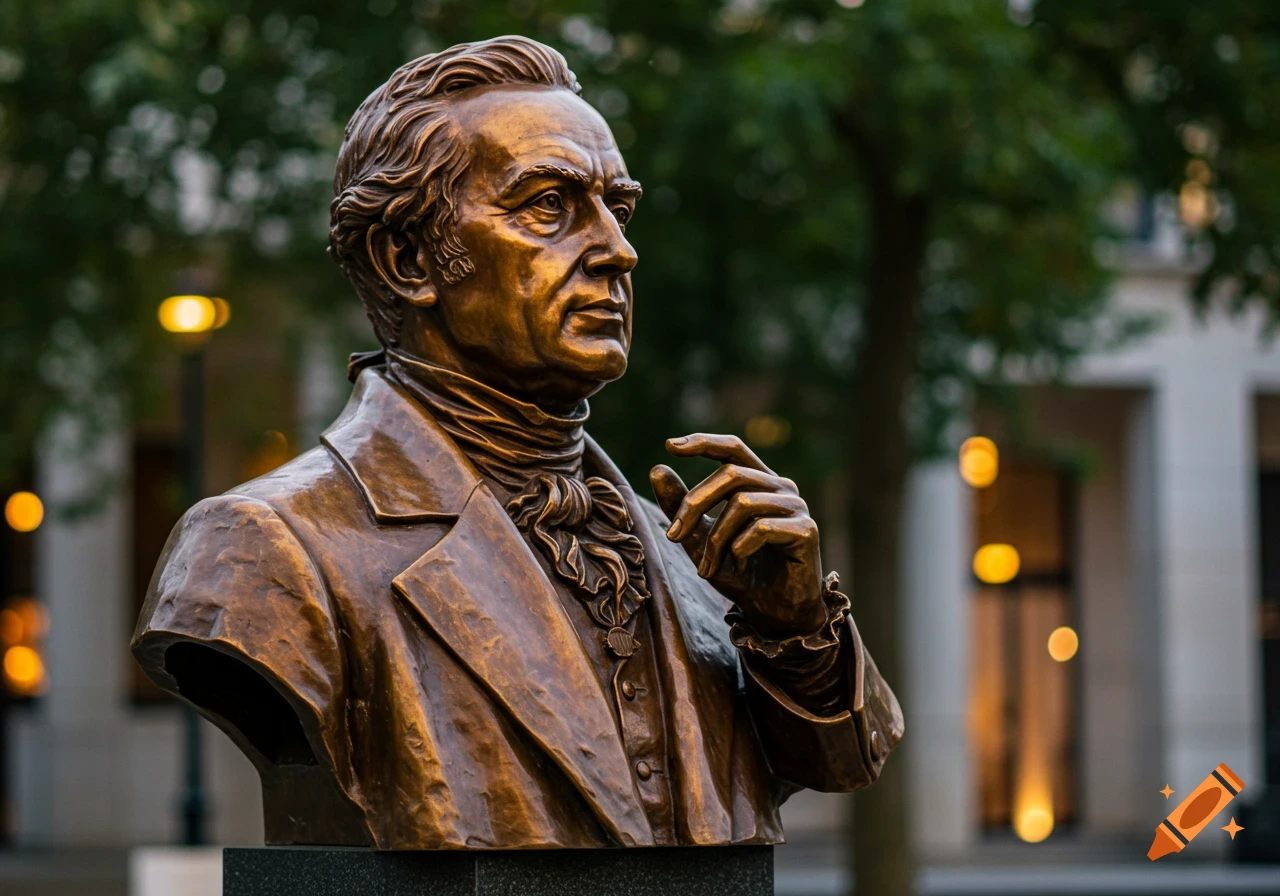 A bronze bust of a man in historical attire, raising his hand, with a blurred outdoor background.