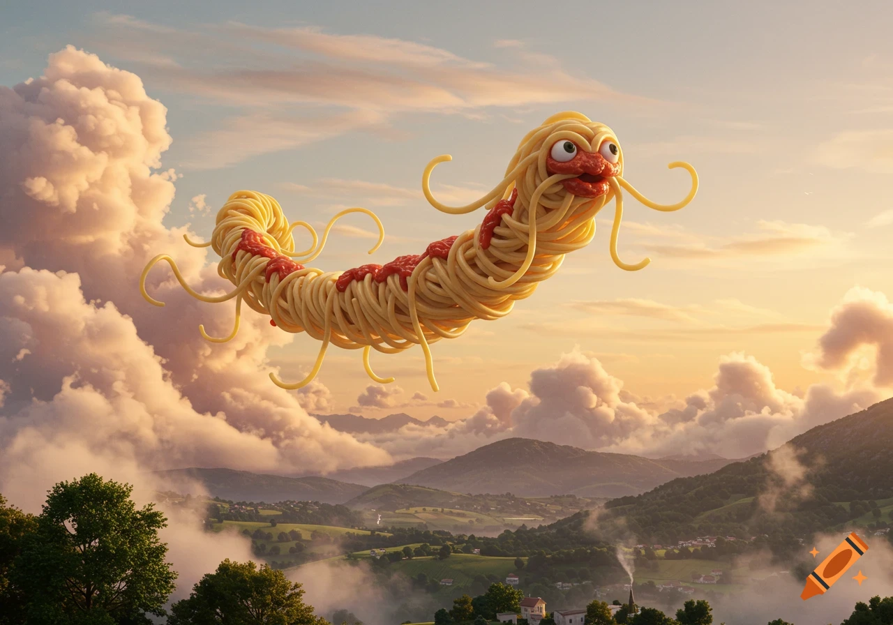 A cartoonish spaghetti monster with googly eyes and tomato sauce flying over a scenic mountainous landscape at sunset.