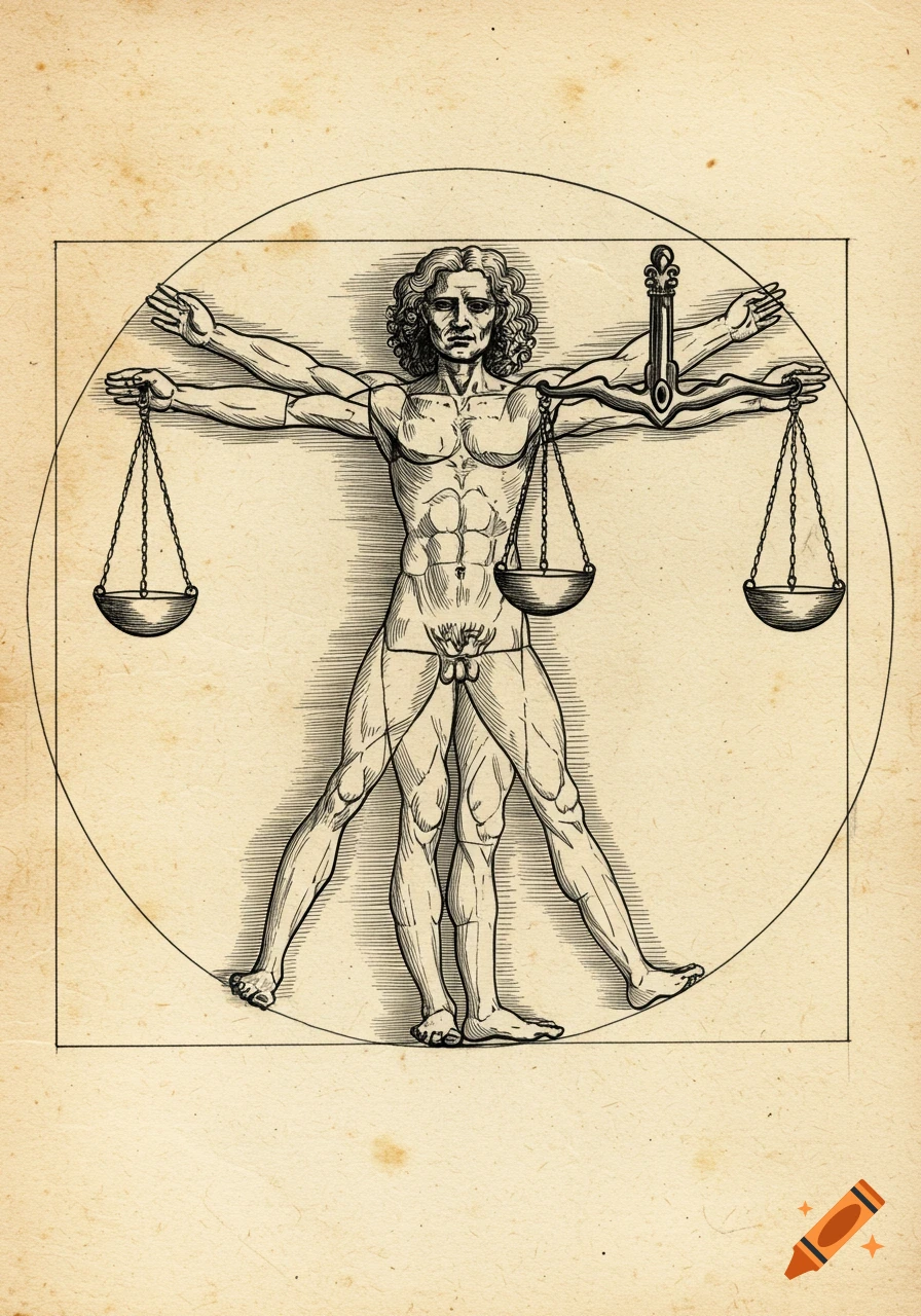 An etching of the Vitruvian Man, with justice scales hanging from his outstretched arms, on aged paper.