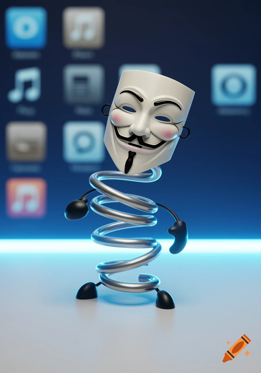 A 3D rendering of a Guy Fawkes mask on a metal spring body with black arms and feet, against a blurry blue background of app icons.