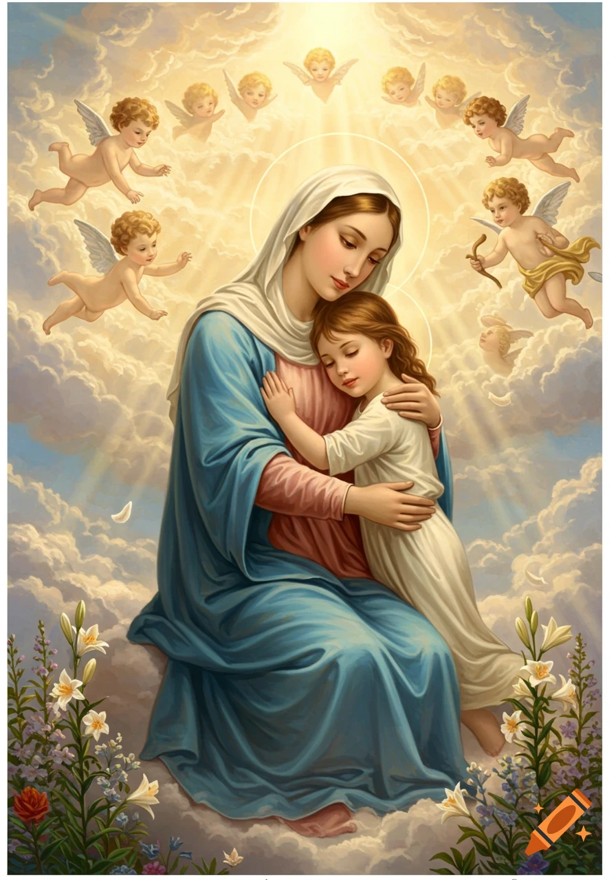 Classical painting of the Virgin Mary holding a young child affectionately, surrounded by cherubs in a cloudy sky with rays of light and flowers.