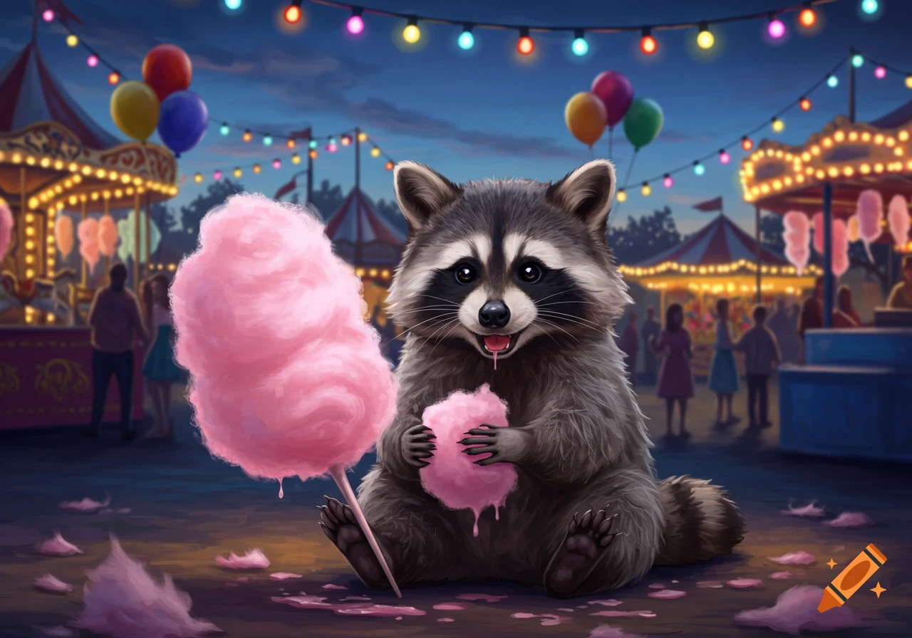 A cute raccoon sits at a night carnival, holding a piece of pink cotton candy, with lights and people in the background.