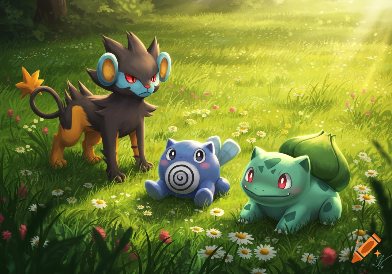 Luxray, Poliwhirl, and Bulbasaur are hanging out in a sunny, grassy field with white and pink flowers.