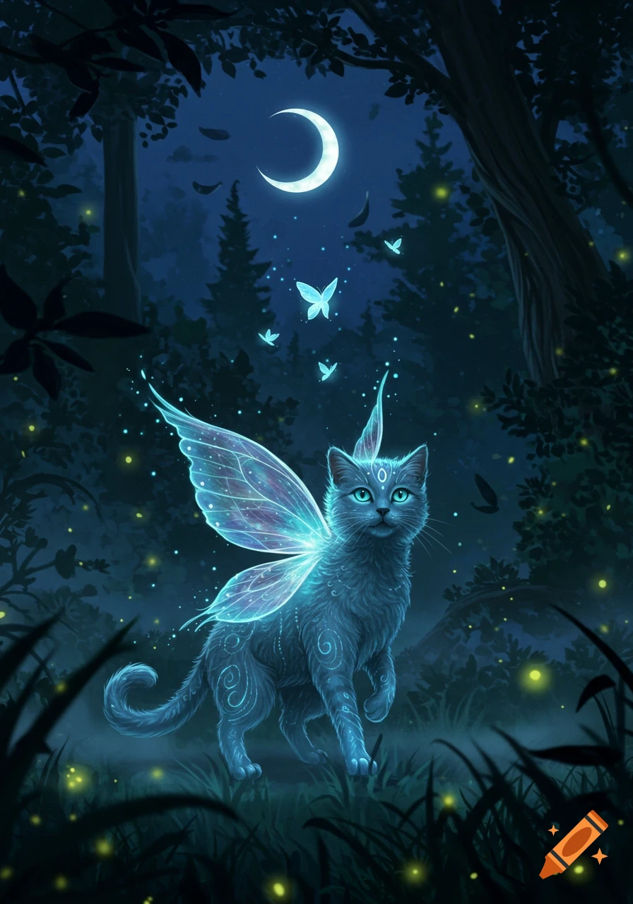 A grey cat with glowing blue fairy wings and blue eyes in a dark, mystical forest at night, with a crescent moon and glowing butterflies.