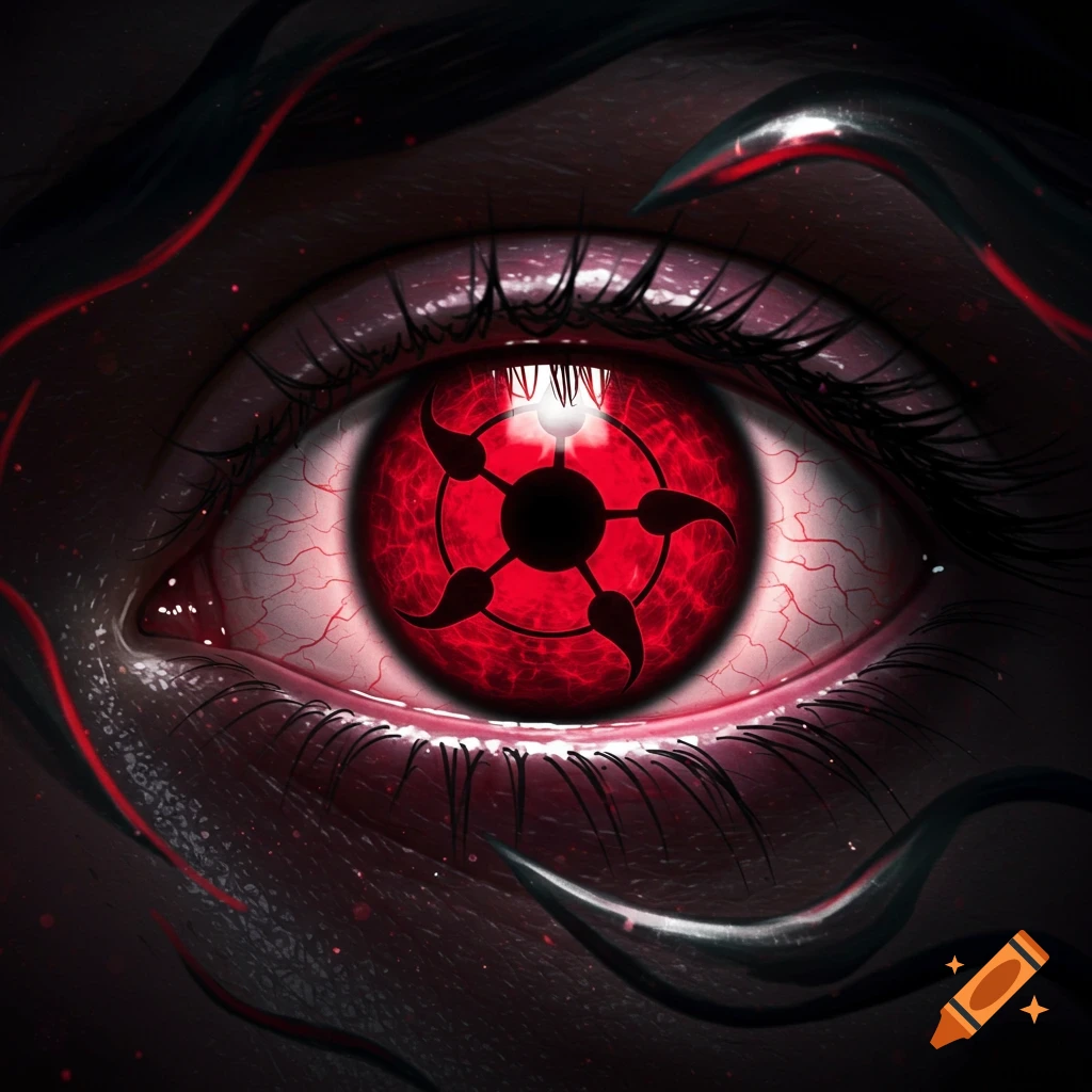 A vibrant close-up of a red eye with a complex, black and red circular pattern in the pupil, detailed with visible veins and dark, textured skin.