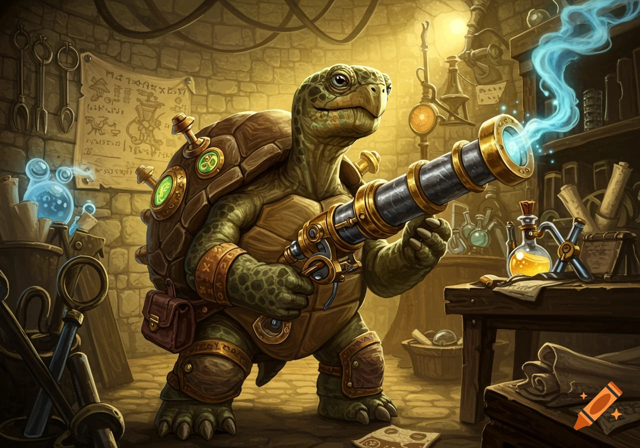 A steampunk tortle artificer holds a glowing energy cannon in a dimly lit, cluttered workshop filled with scientific instruments.